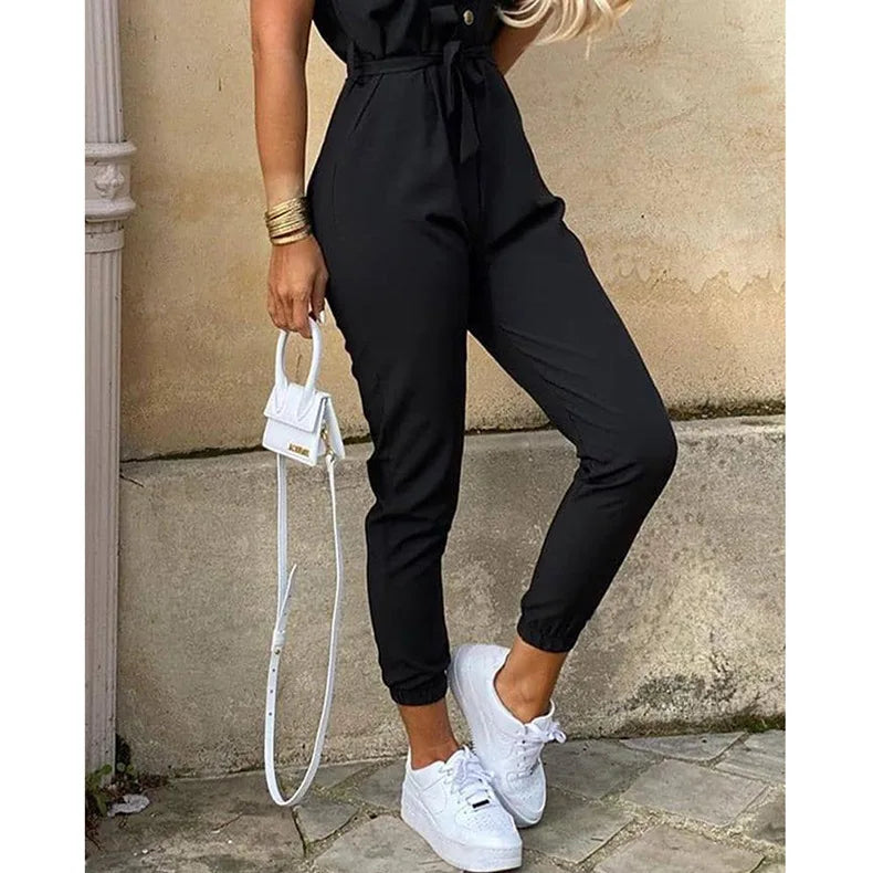 Women's Monochromatic Belt Workwear Jumpsuit, Casual Pants, Flip Collar, Buckle, European and American, Summer, 2024