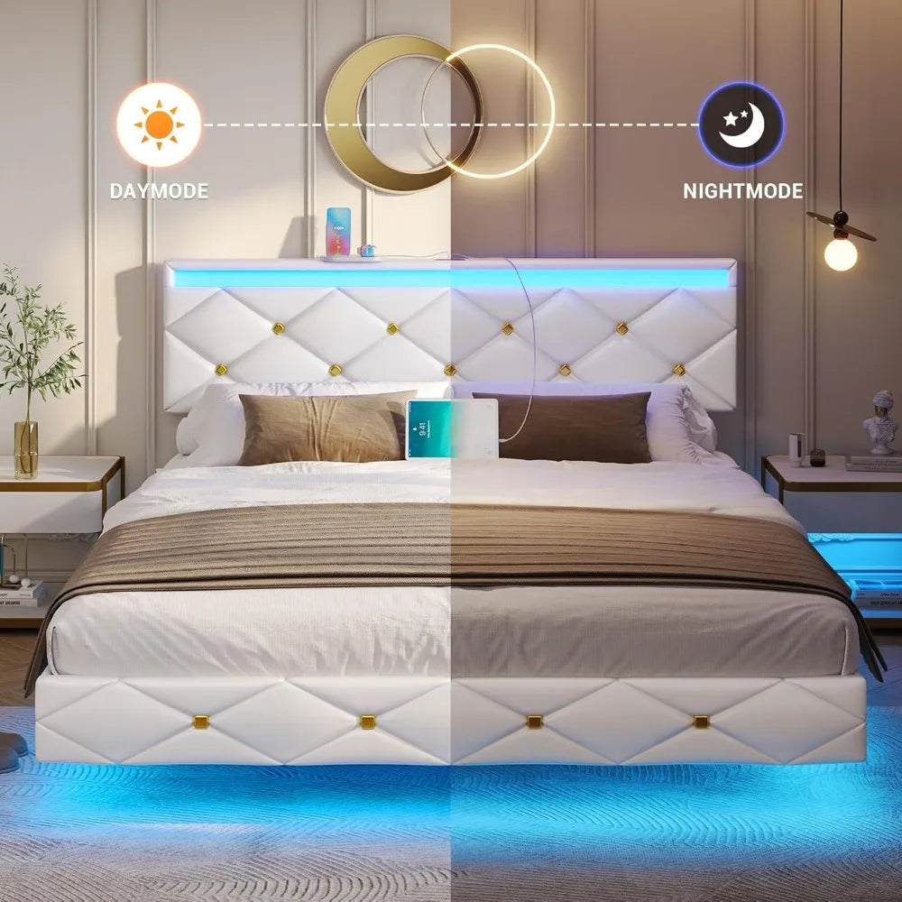Floating Bed Frame King Size with LED Lights and Charging Station, Modern King Platform Bed with Vegan Leather Upholstered