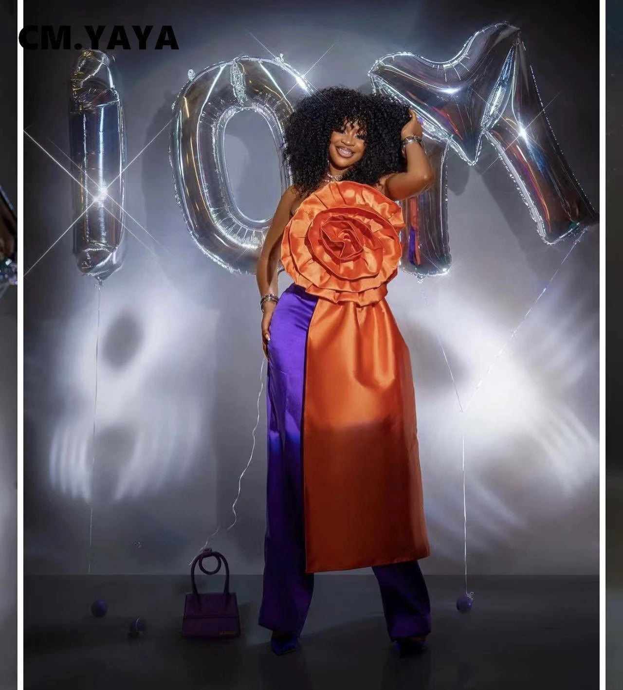 CM.YAYA Women Fashion 3D Flower Applique Strapless Side Crop Top 2025 Summer Vintage Streetwear INS Asymmetrical Tee Tops