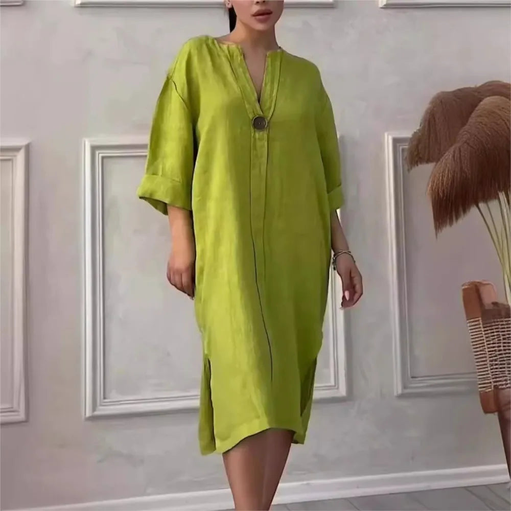 Loose V-neck Two Side Slit Pullover Dress 2024 Women's New Cotton And Linen Solid Color Casual Long-Sleeved Button Maxi Dress