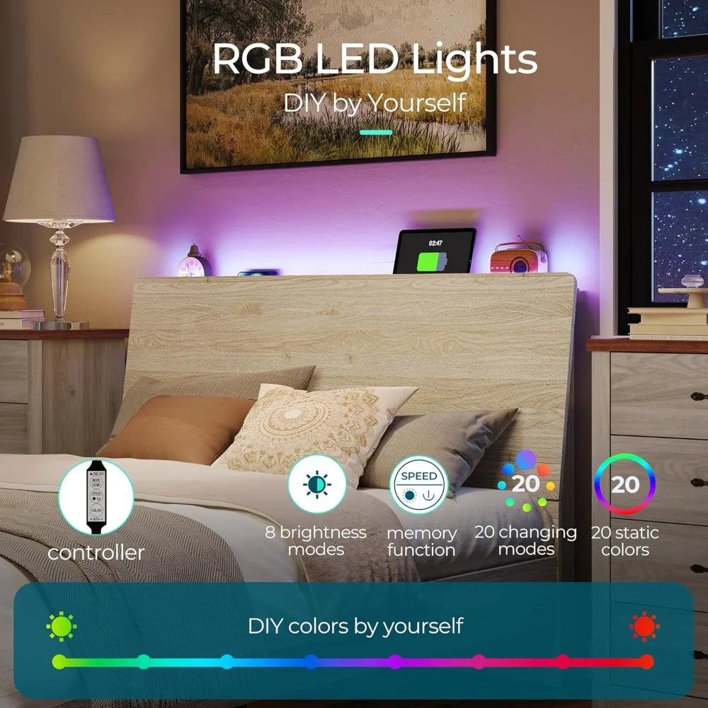 LINSY Full Size Wood Bed Frame with Ergonomic Headboard, RGB Lights, Outlets & Charger, Storage Shelf, Noise-Free, No Box