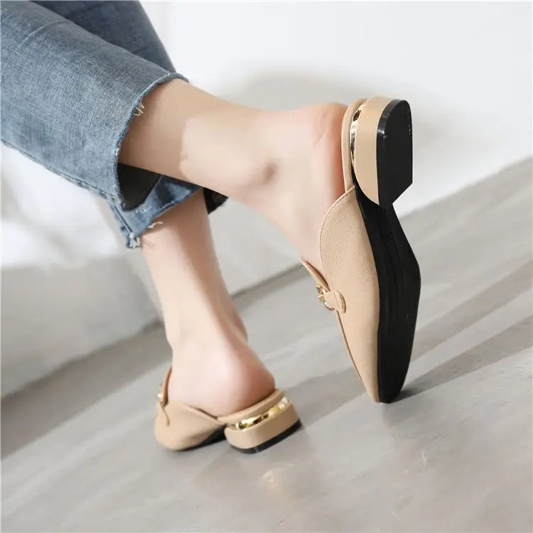 Black Job Low Heel Outside Leather Mules Nude Color Women's Slippers and Ladies Sandals Slides Shoes Small Size on Offer Trend F