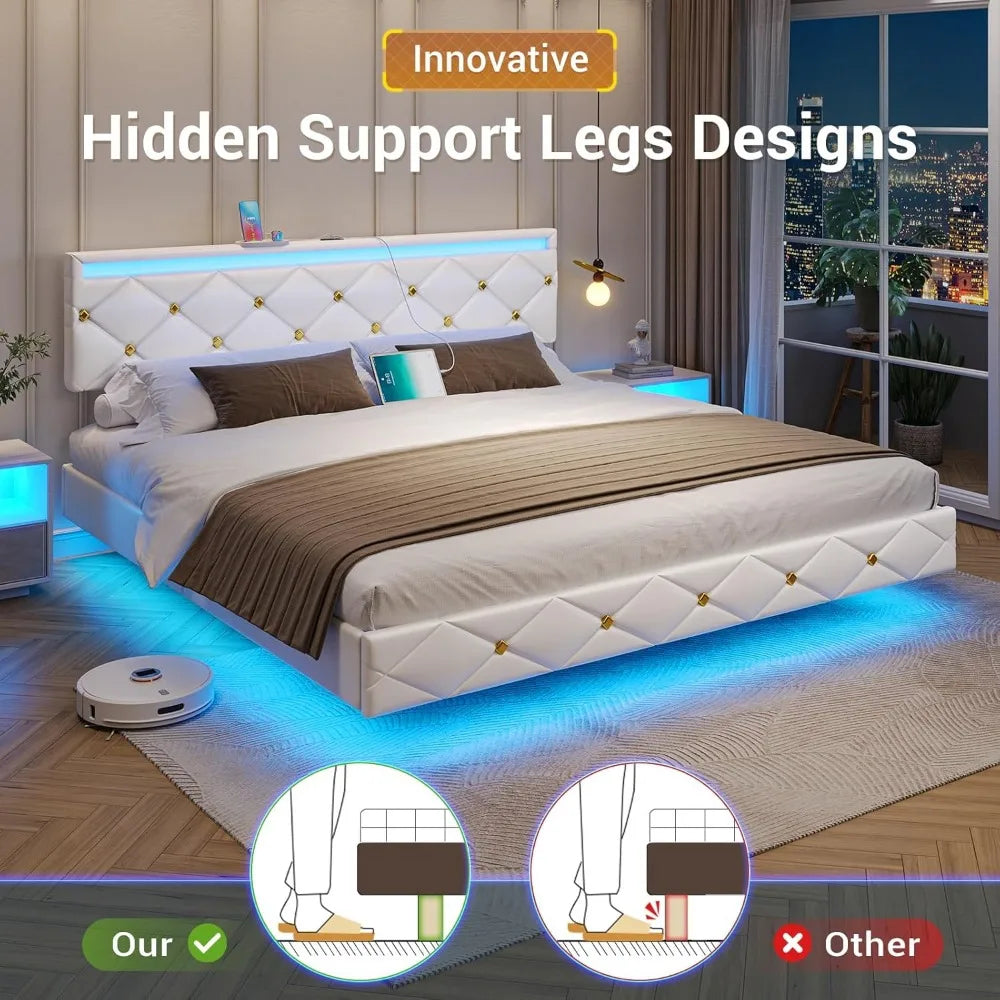 Floating Bed Frame King Size with LED Lights and Charging Station, Modern King Platform Bed with Vegan Leather Upholstered