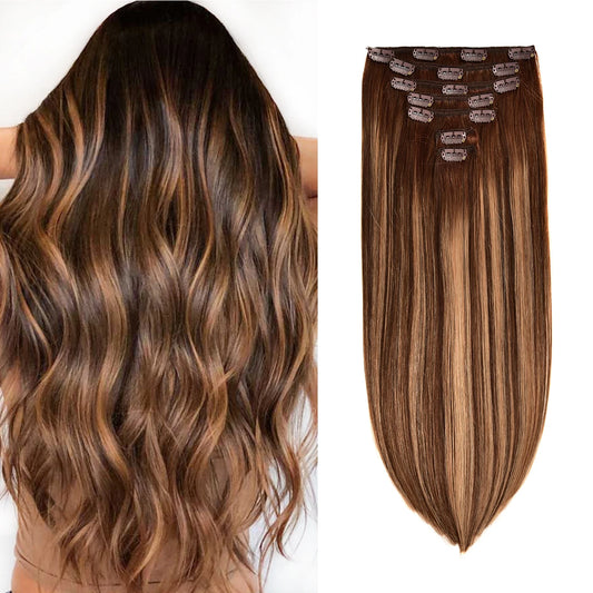 Real Human Hair Clip in Hair Extensions, Balayage Chocolate Brown Mixed Caramel Blonde Dark Roots Ombre 120g 7pcs 16 Clips in