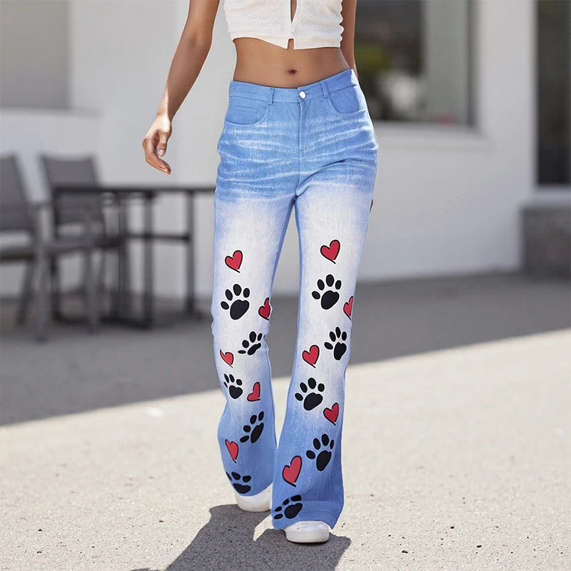 Puloru Stylish Floral Print Blue Flared Pants with Pockets Women's Mid-Rise Casual Slim Fit Bell-Bottoms Long Trousers Plus Size