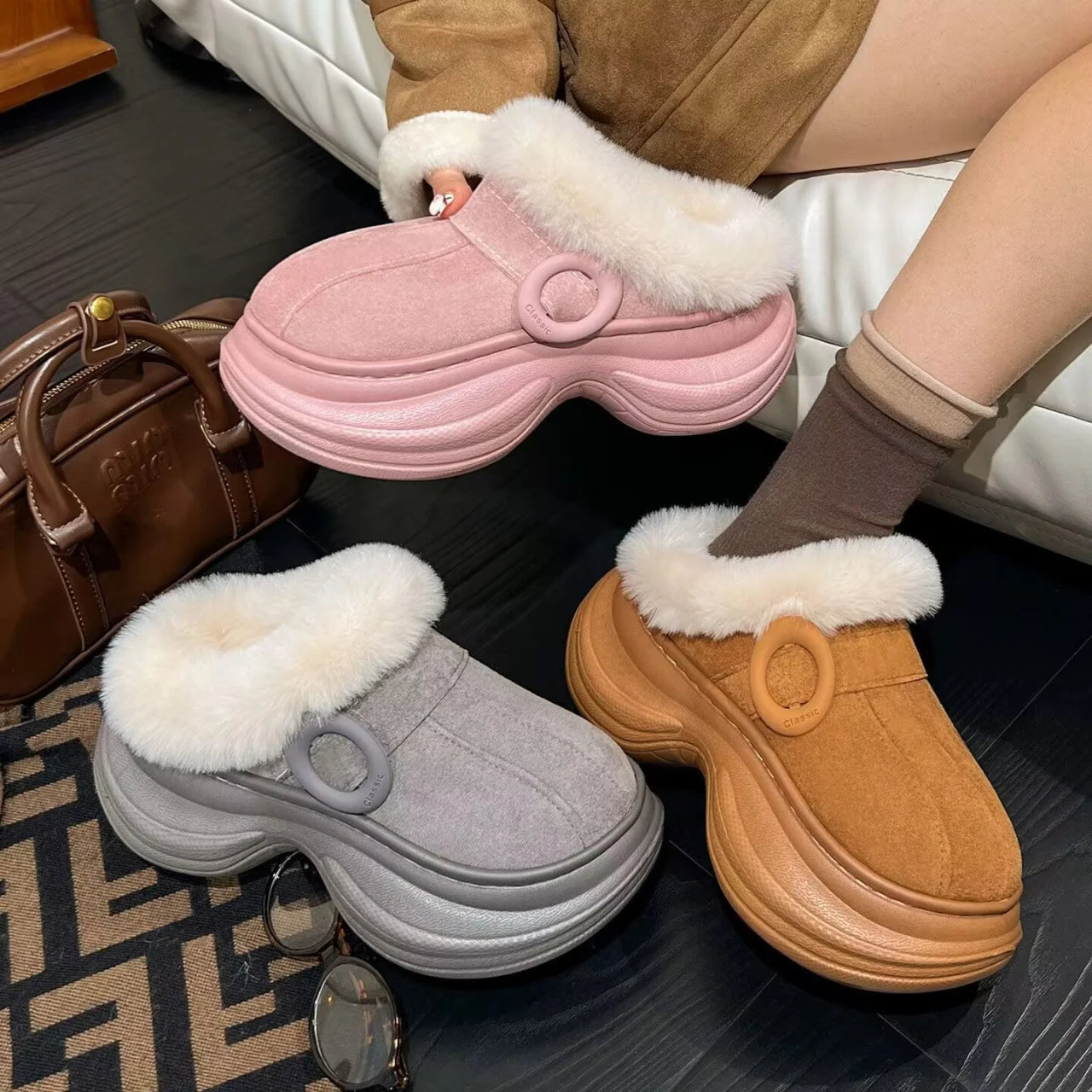 Winter new warm cute plush women's cotton slippers warm and comfortable latex thick bottom home wear