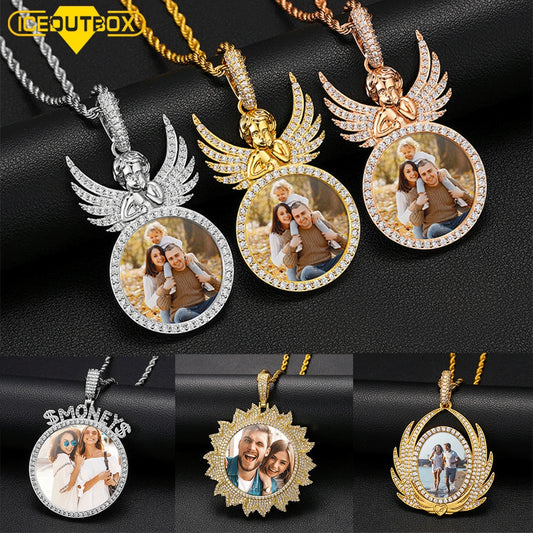 New Custom Photo Memory Medallions Pendant Necklace Round Heart Rectangle Triangle Hip Hop Jewelry Personalized Cubic Zircon