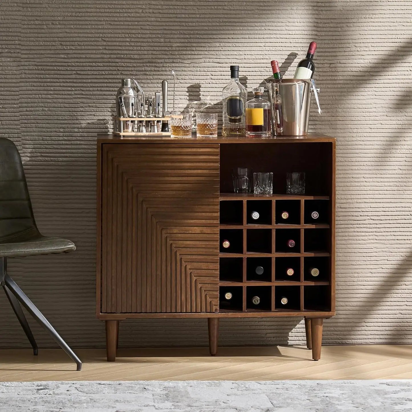 Magric Accent Cabinet Built-in Wine Rack, Mid-Century Modern Bar Cabinet with Durable Natural Oak Wood & Handcrafted Finish