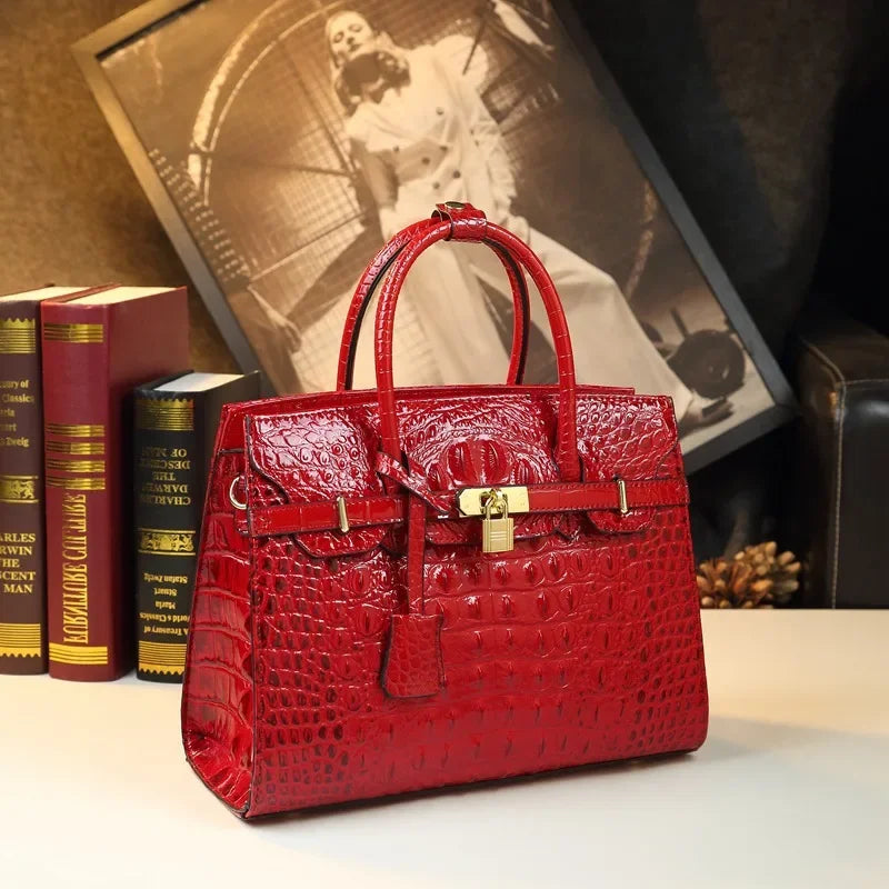 2024 New European American Style Handbag Large Airy Bag Crocodile Pattern Large Bag Middle-aged Mother Hard Leather Women's