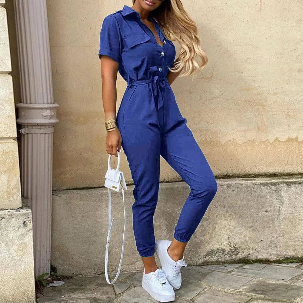 Women's Monochromatic Belt Workwear Jumpsuit, Casual Pants, Flip Collar, Buckle, European and American, Summer, 2024