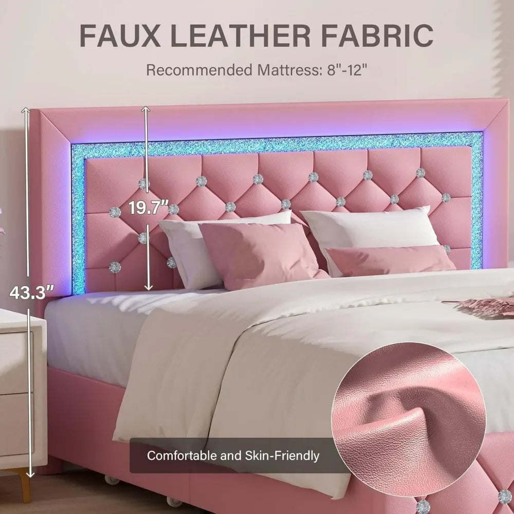 Full Size Bed Frame with LED, Storage Drawers, Princess Platform Bed with Diamond Headboard and Footboard, Upholstered Bed Frame