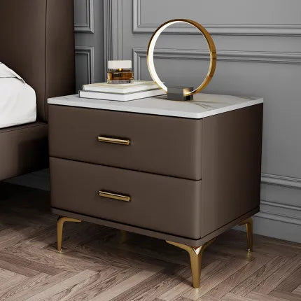 Modern Style Solid Wood Bedside Table with 2 Drawers Leather Bedroom Nightstands with Sintered Stone Top Mini Storage Cabinet