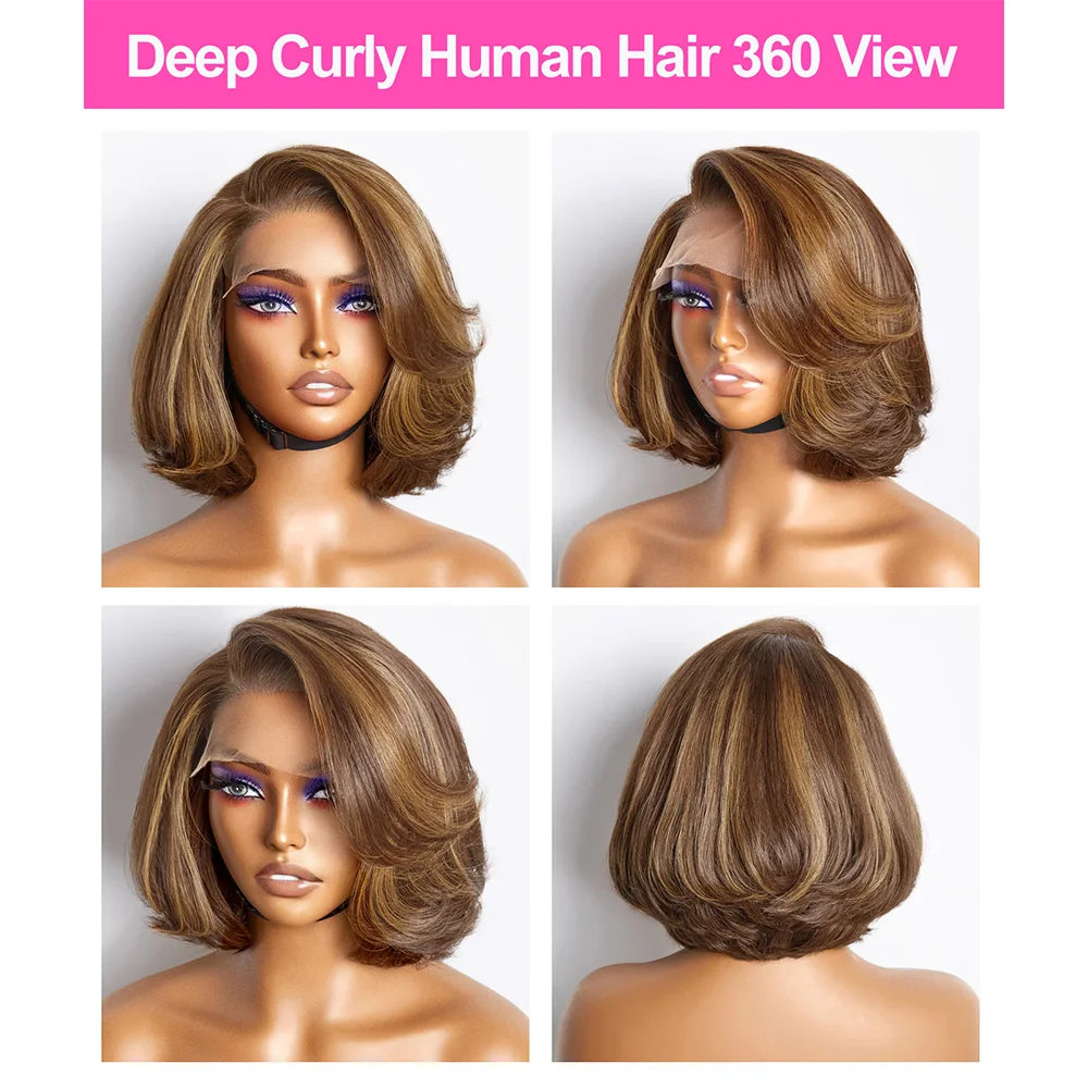 100% Human Hair Wigs Dark Brown Color Bob Water Wave 13x4 HD Lace Front Bob Wigs For women Deep Wave Human Hair Lace Frontal Wig
