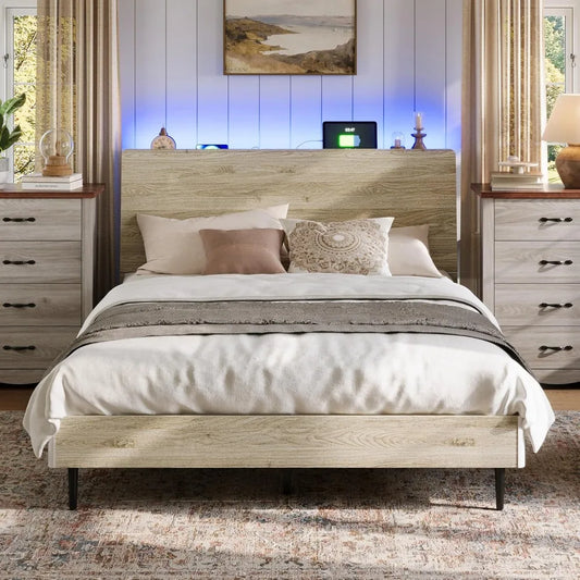 LINSY Full Size Wood Bed Frame with Ergonomic Headboard, RGB Lights, Outlets & Charger, Storage Shelf, Noise-Free, No Box