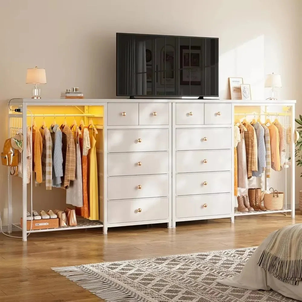 49.2" W White Dresser for Bedroom with Hanging Rack,6 Drawer Dresser with LED Lights & Charging Station, Fabric Dressers