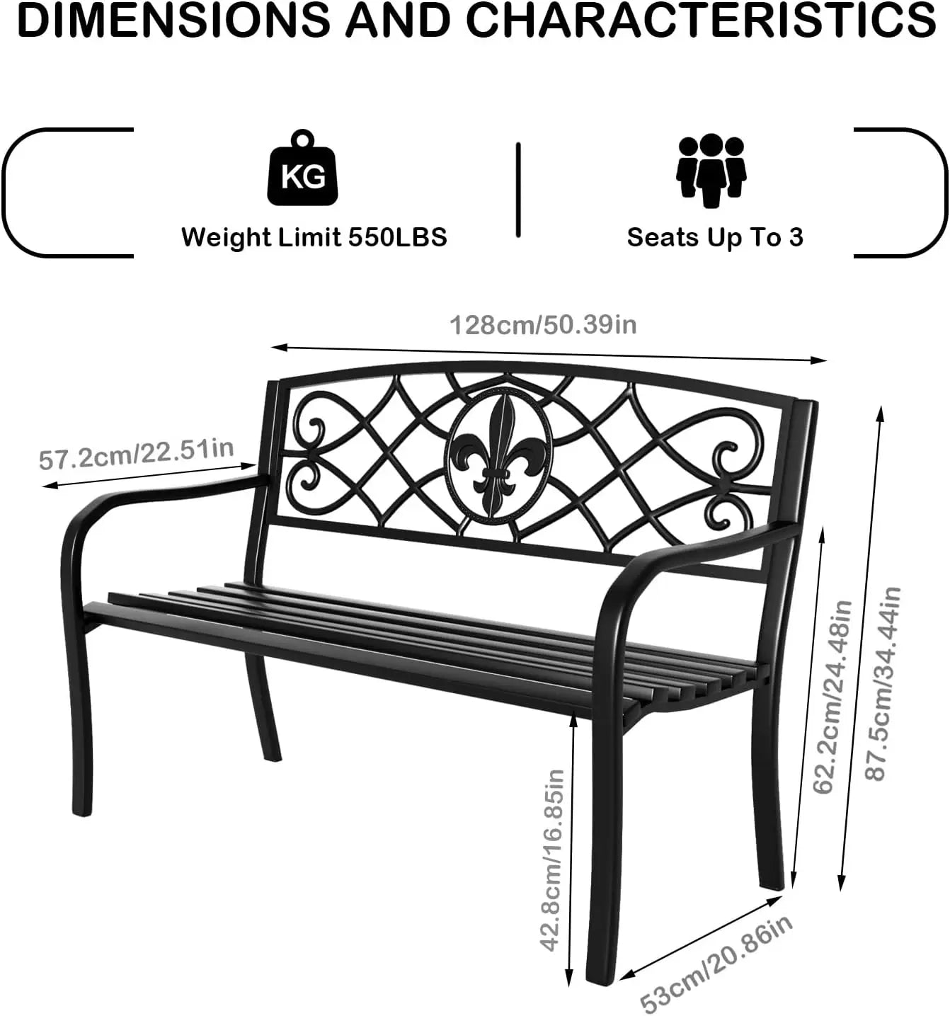 Ylgj&Tidy 50"" Outdoor Bench, Heavy Duty Garden Bench With Ergonomic Backrest & Armrests, Weatherproof Cast Iron Bench, Outdoor