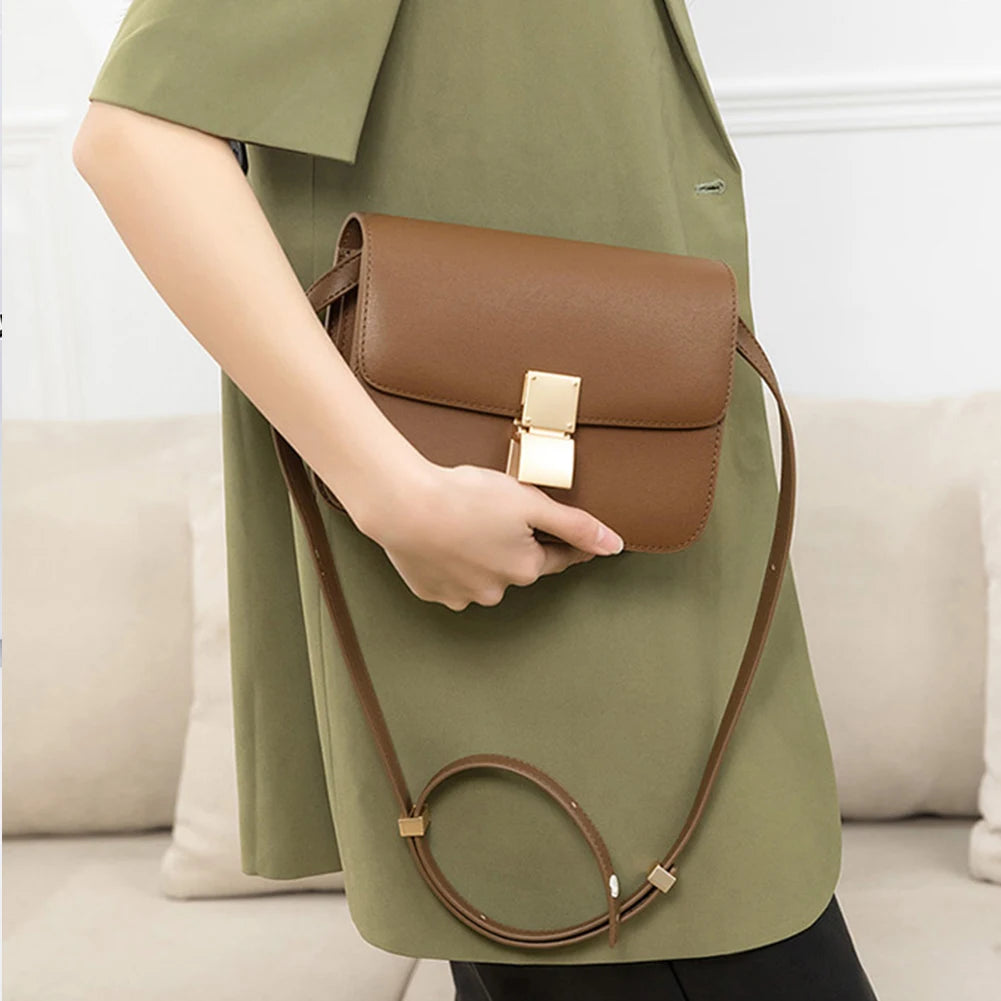 Leather Shoulder Bag for Women Small Square Bag Metal Lock Fashion Messenger Bag Luxury Designer Handbag Casual Commuting Bag