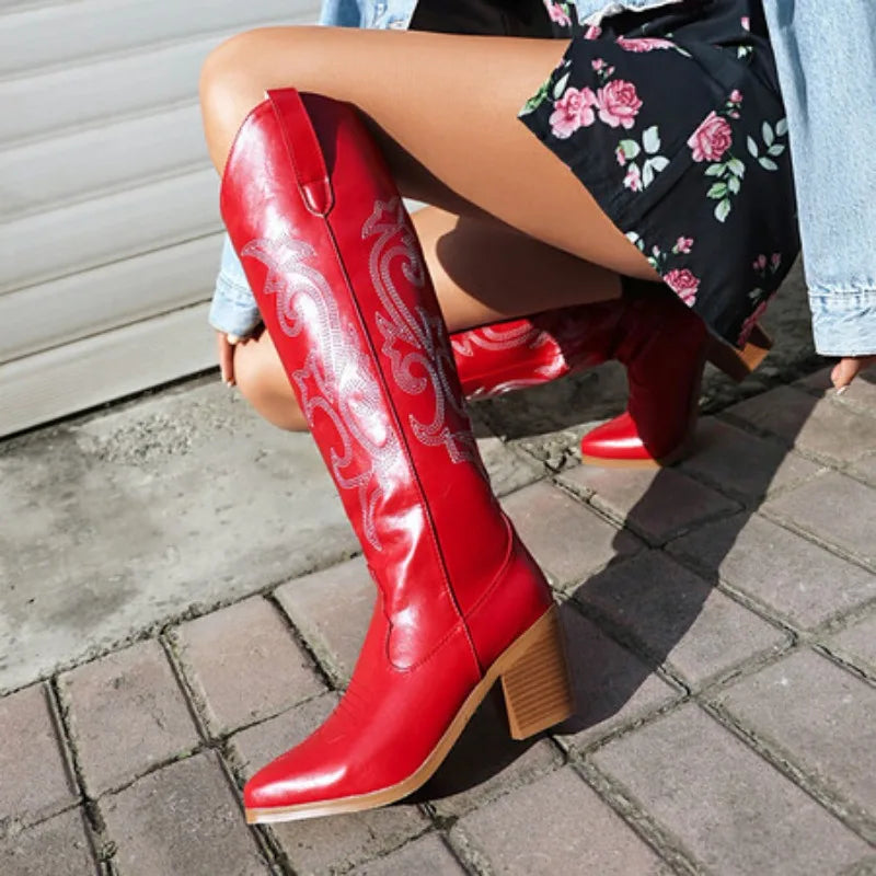 Western Women's Winter Knee High Boots Fashion Embroidery Cowboy Cowgrils Boot Wedges Heel Red Party Shoes Ladies Large Size 40