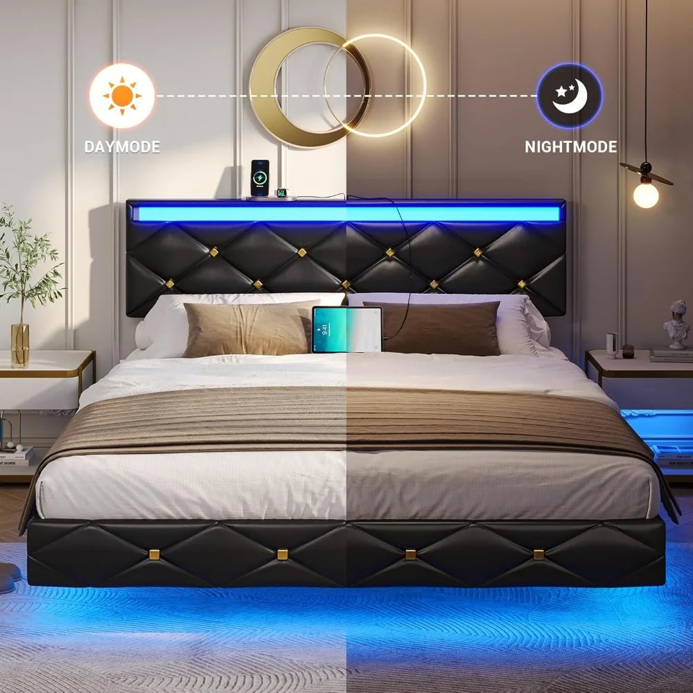 Floating Bed Frame King Size with LED Lights and Charging Station, Modern King Platform Bed with Vegan Leather Upholstered