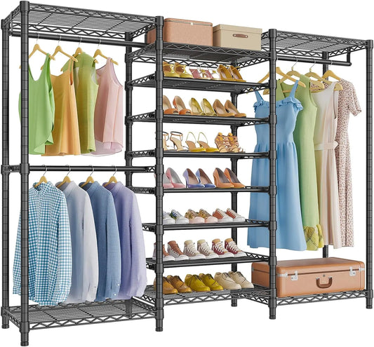 Heavy Duty Garment Rack Freestanding Clothes Rack Closet Storage Organizer Large Wardrobe with 6-Tier Shoe Rack, Hanging Rod, Ad