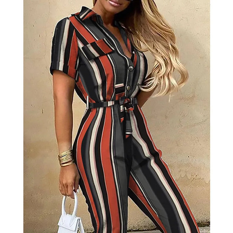 Women's Monochromatic Belt Workwear Jumpsuit, Casual Pants, Flip Collar, Buckle, European and American, Summer, 2024