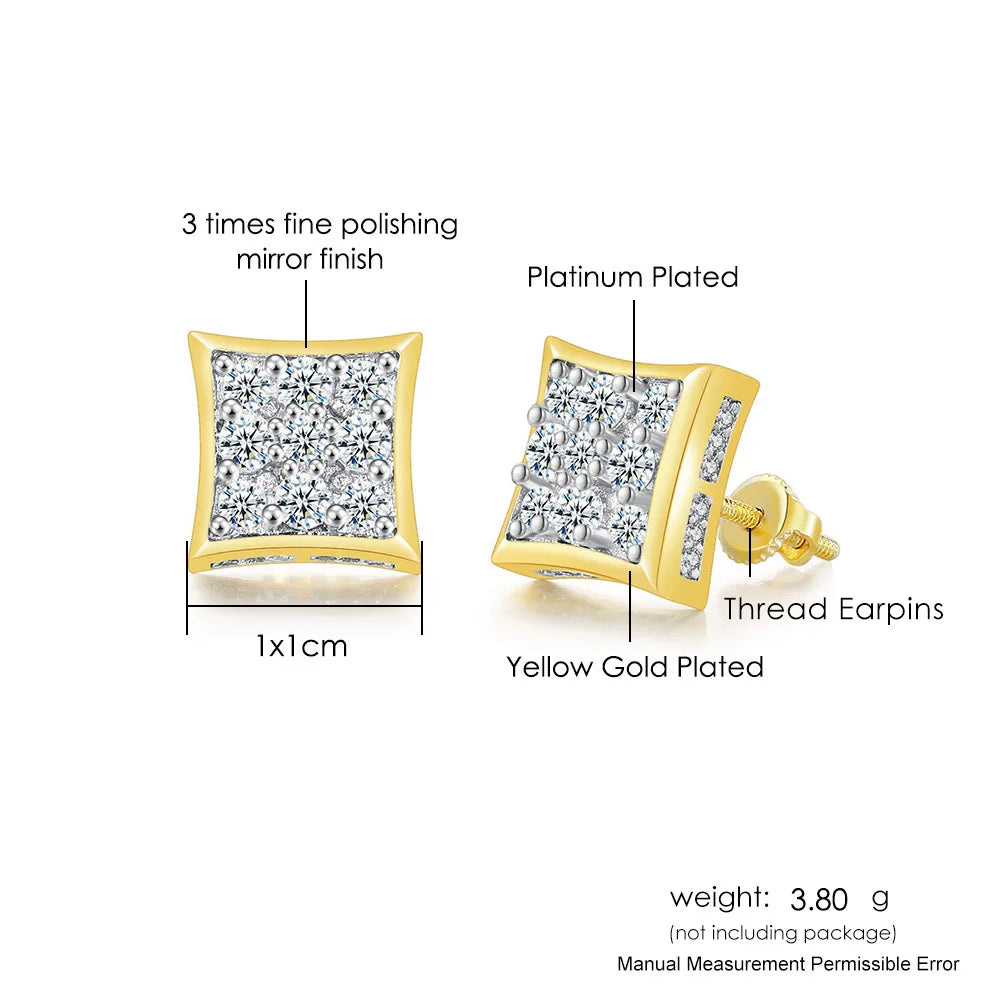 Hip Hop Ice Studded Earrings For Men Male Trend Cubic Zirconia Piercing Hiphop Gold Color Square Earring Jewelry Accessories