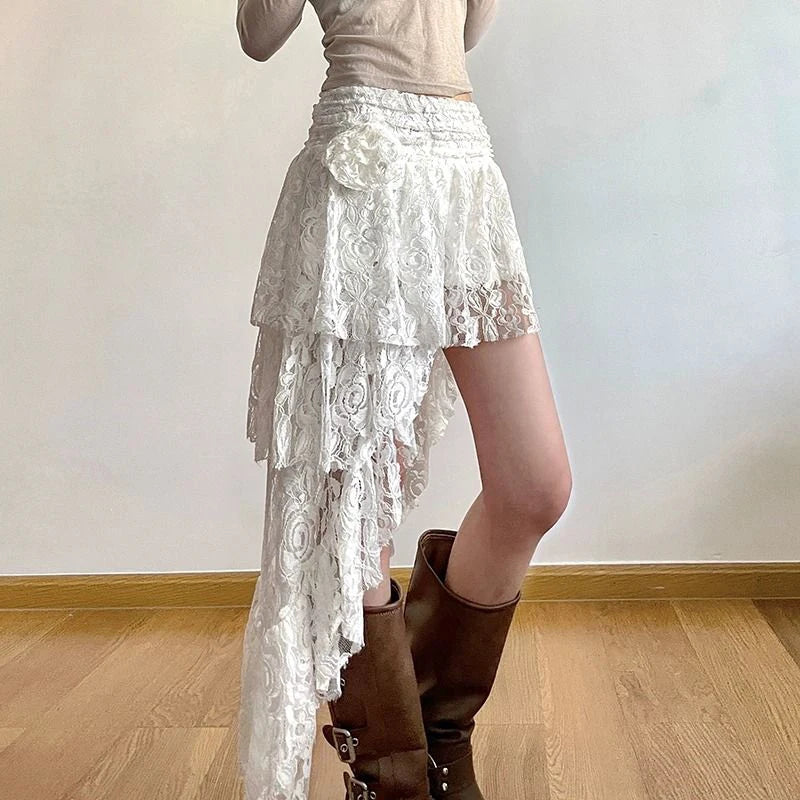 Asymmetrical Lace Skirt Women Sexy Bohemian Elegant High Waist A Line Skirt 2000S Retro Streetwear Y2K Casual White Skirts New