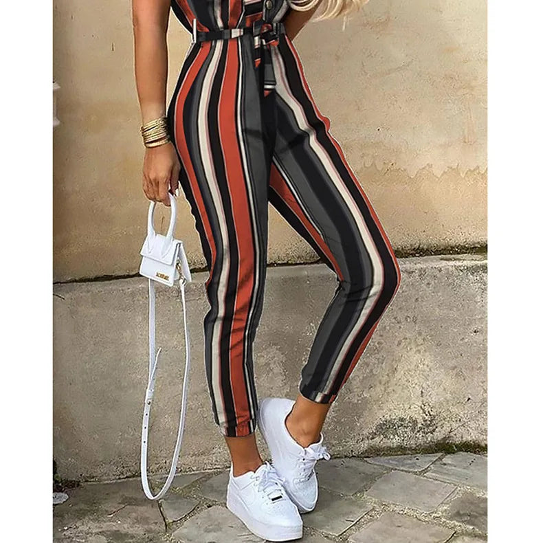 Women's Monochromatic Belt Workwear Jumpsuit, Casual Pants, Flip Collar, Buckle, European and American, Summer, 2024