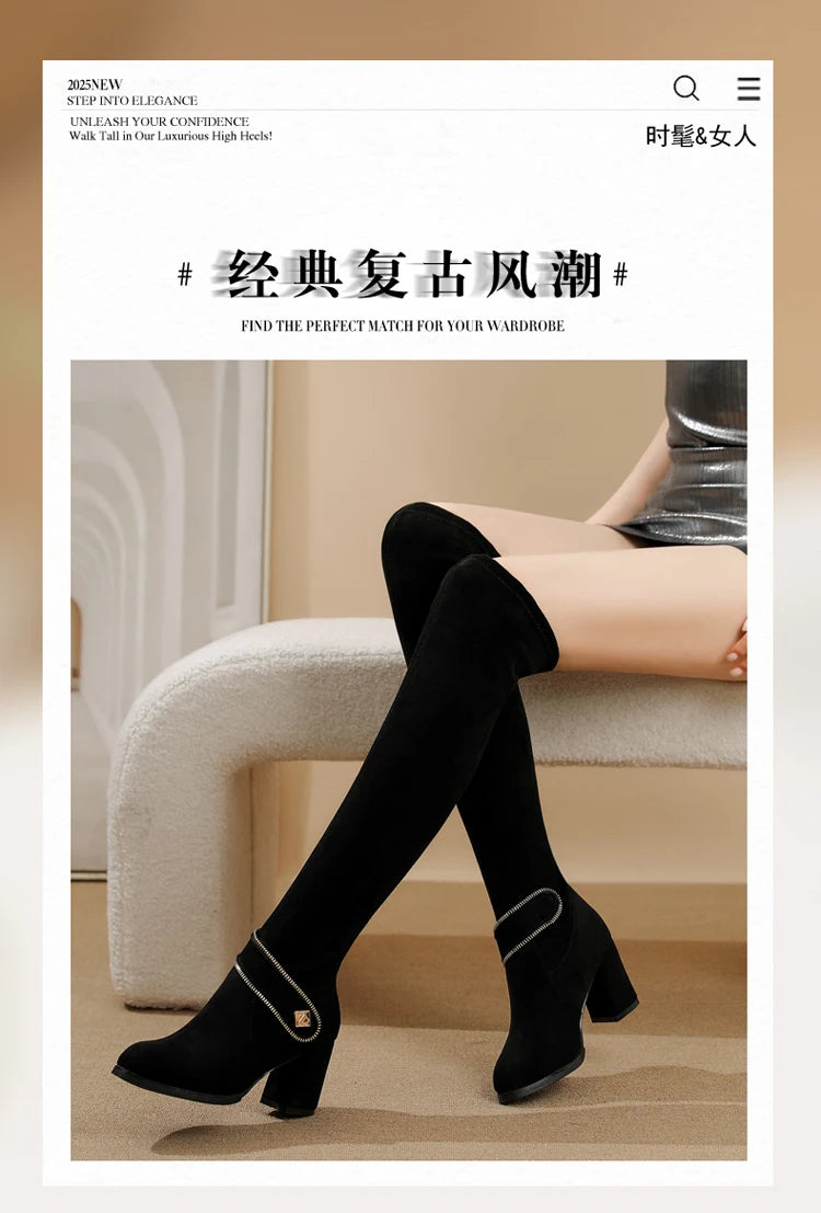 Over Knee Boots Women's Stretch Cloth Coarse Heel Skinny Fleece Long Tube Internet celebrity Skinny Comfortable Women's Boots