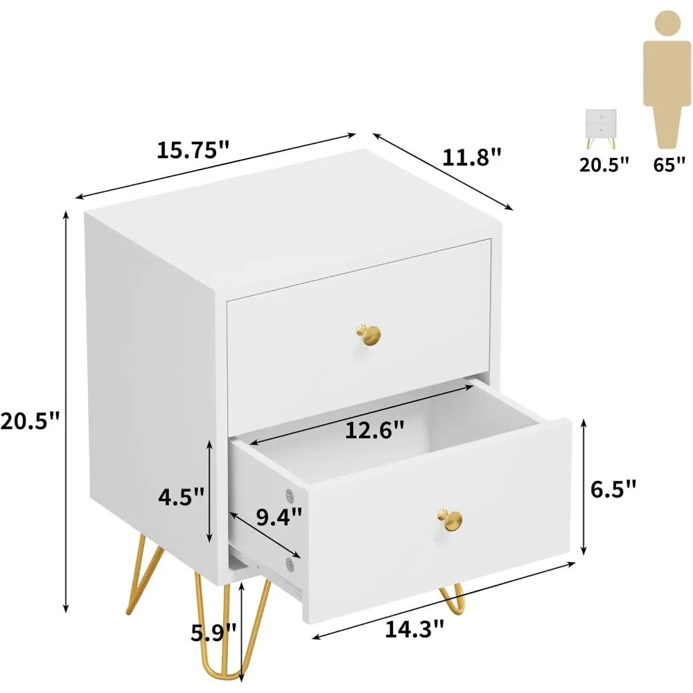 Nightstand Set of 2, End Side Table Double, Bedside Table with 2 Drawers,  Stand Metal Legs and Knobs for Bedroom Living.