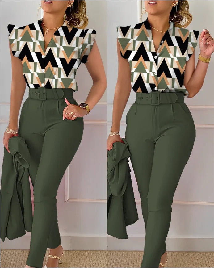 Women Shirt Trousers Set Elegant Women's Office Wear Set with V Neck Top High Waist Pants Belt Chic Color Matching Slim for Work