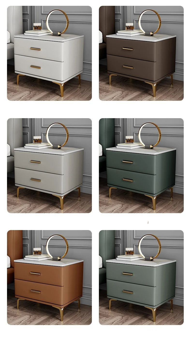 Modern Style Solid Wood Bedside Table with 2 Drawers Leather Bedroom Nightstands with Sintered Stone Top Mini Storage Cabinet