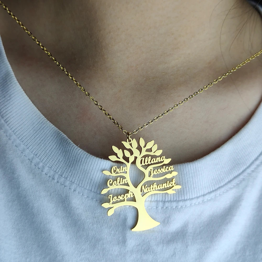 Custom Tree Of Life Name Necklace Personalized Mother Kids Family Member Names Gold Stainless Steel Pendant choker Jewelry Gifts