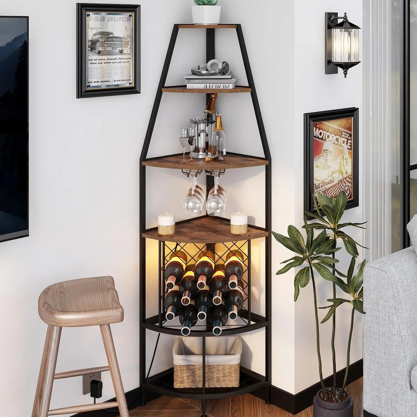 5-Tier Corner Wine Rack With Led Light Floor Standing Wine Rack With Glass Holder And Bottles Wine Storage Home Bar Furniture