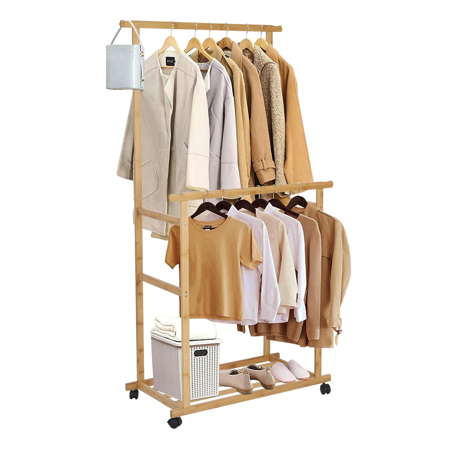 Heavy Duty Clothes Rail Double Layer Garment Hanging Display Stand Rack Wardrobe with Rolling Wheel