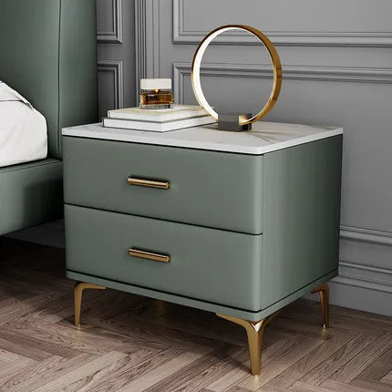 Modern Style Solid Wood Bedside Table with 2 Drawers Leather Bedroom Nightstands with Sintered Stone Top Mini Storage Cabinet