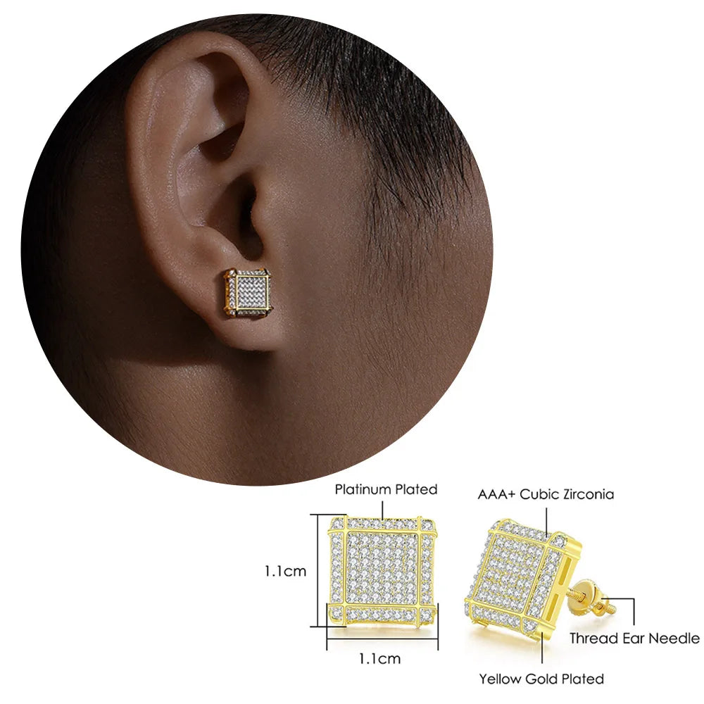 Hip Hop Ice Studded Earrings For Men Male Trend Cubic Zirconia Piercing Hiphop Gold Color Square Earring Jewelry Accessories