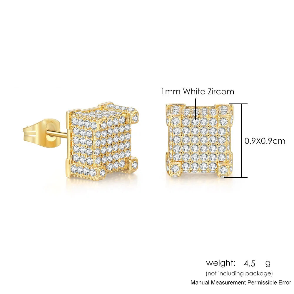 Hip Hop Ice Studded Earrings For Men Male Trend Cubic Zirconia Piercing Hiphop Gold Color Square Earring Jewelry Accessories