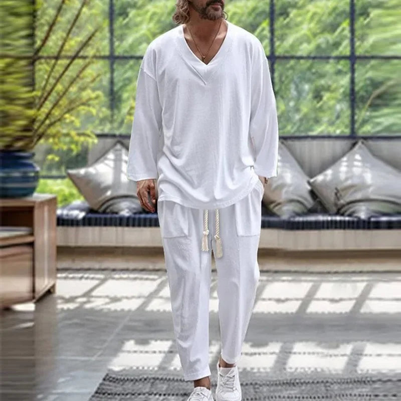 2025 Spring/Fall trend Men's Fashion V-neck shirt Casual comfortable loose high-end long sleeve pants solid color beach suit