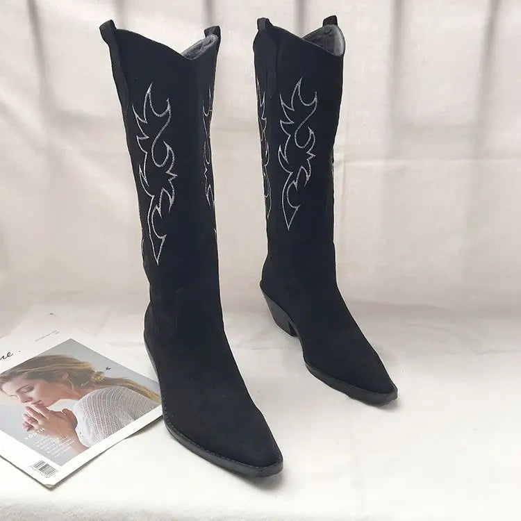 Shoes for Woman Western Cowgirl Cowboy Fur Footwear Long Denim Women's Boots Punk Winter Knee High Shaft White Hot Gothic Boot