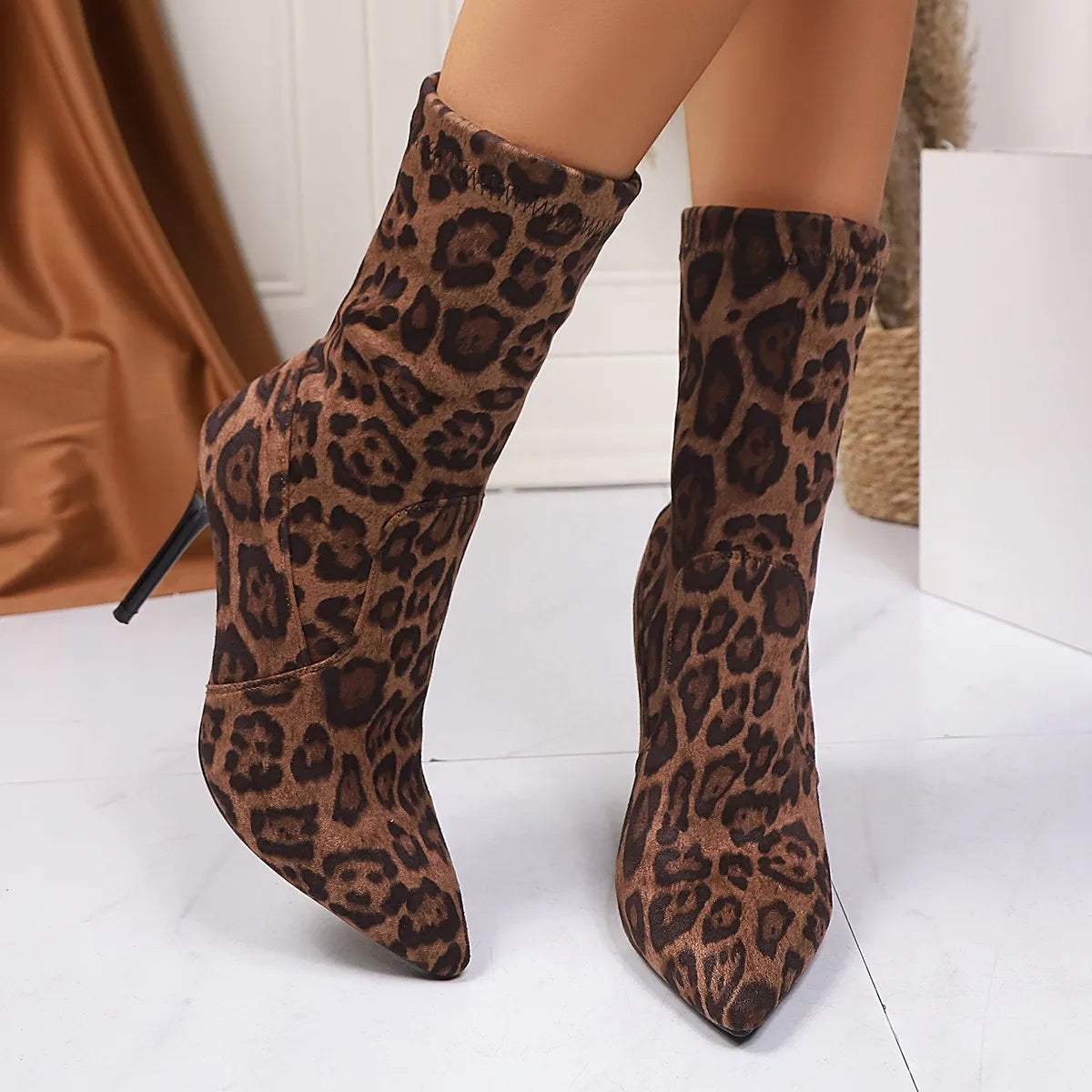 Popular European and American style sexy leopard print pointed head high heel short boots suede comfortable versatile thin boots
