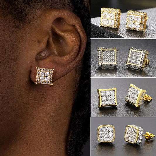 Hip Hop Ice Studded Earrings For Men Male Trend Cubic Zirconia Piercing Hiphop Gold Color Square Earring Jewelry Accessories