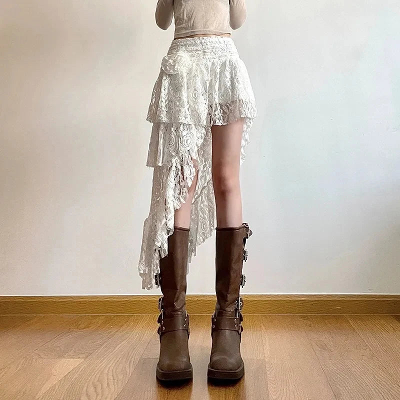 Asymmetrical Lace Skirt Women Sexy Bohemian Elegant High Waist A Line Skirt 2000S Retro Streetwear Y2K Casual White Skirts New