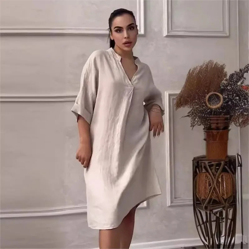 Fashion Cotton And Linen Women's V-neck Loose Dress 2025 Spring And Summer Solid Color Casual Short Sleeved Pocket Midi Dresses