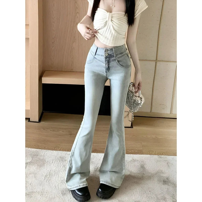 Spring Autumn Spicy Girl Bow Micro Flared Jeans Women's Petite High Waisted Slimming Elastic Horse Leggings Straight Leg Trouser