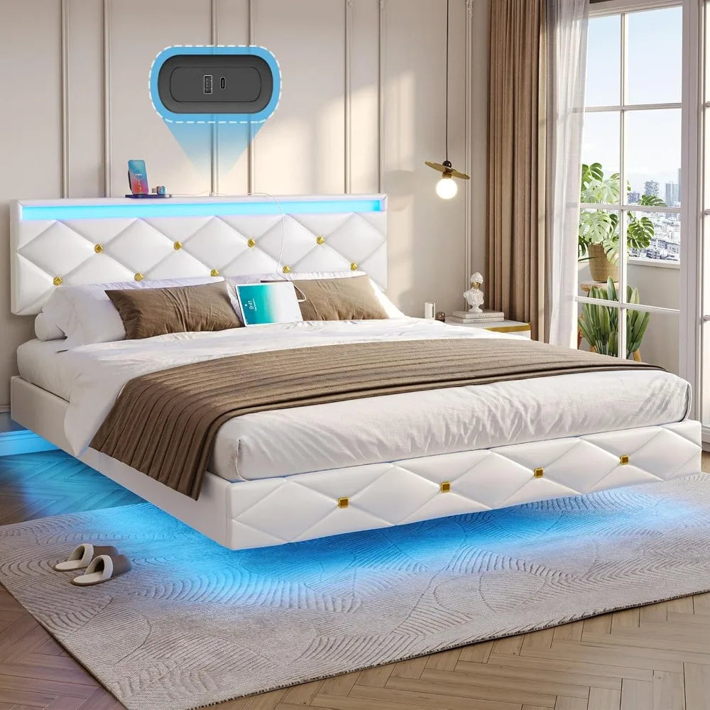 Floating Bed Frame King Size with LED Lights and Charging Station, Modern King Platform Bed with Vegan Leather Upholstered