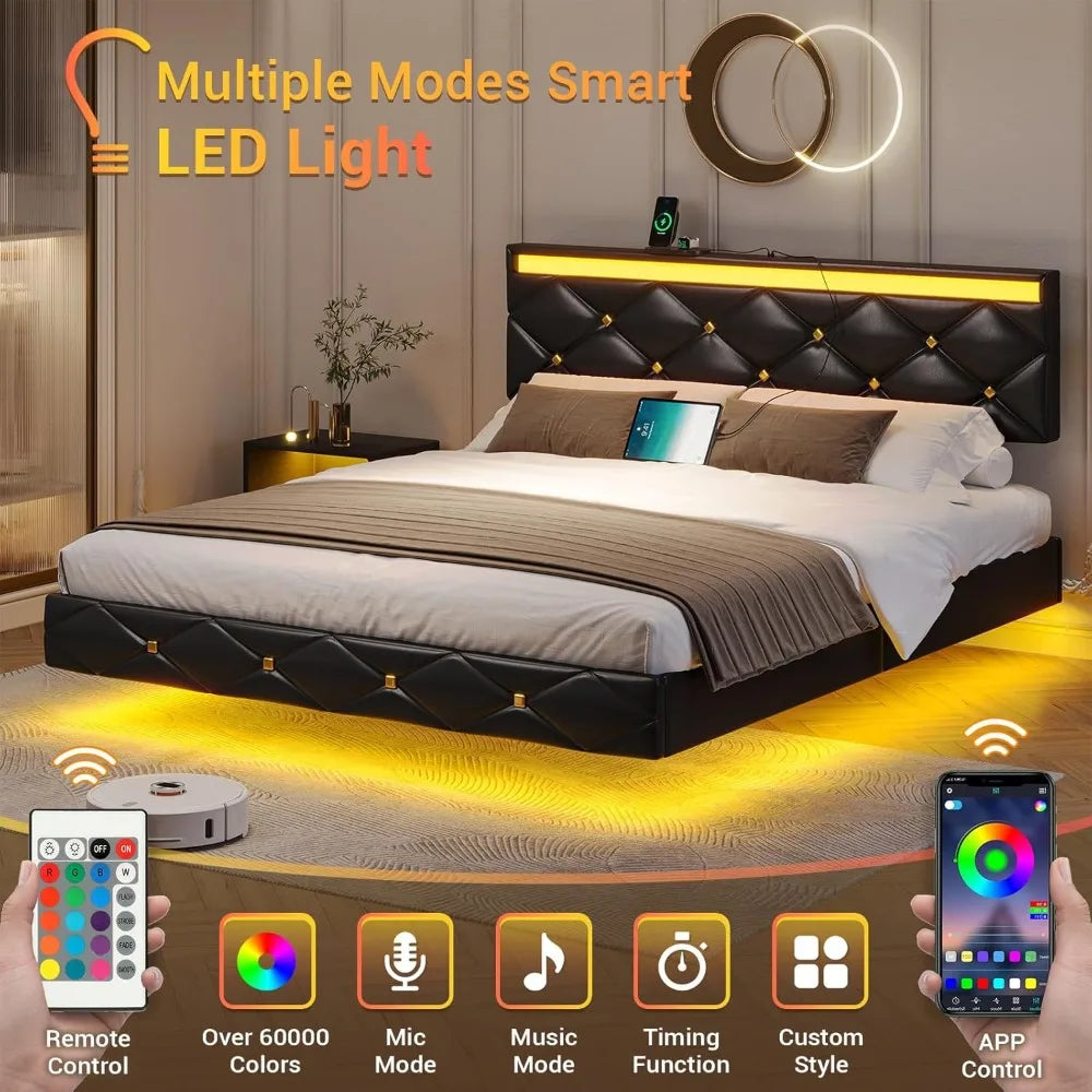 Floating Bed Frame King Size with LED Lights and Charging Station, Modern King Platform Bed with Vegan Leather Upholstered