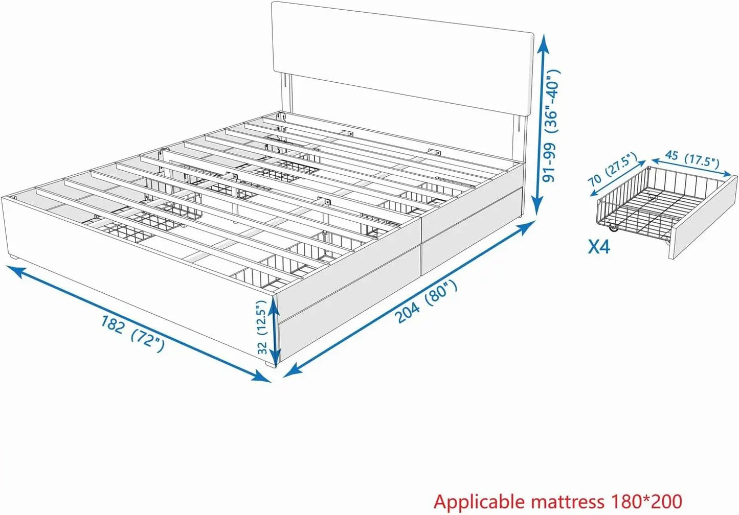 Platform Bed Frame with 4 Storage Drawers and Fabric Grey Headboard, Mattress Foundation with Metal Slats, Strong Support, No Bo