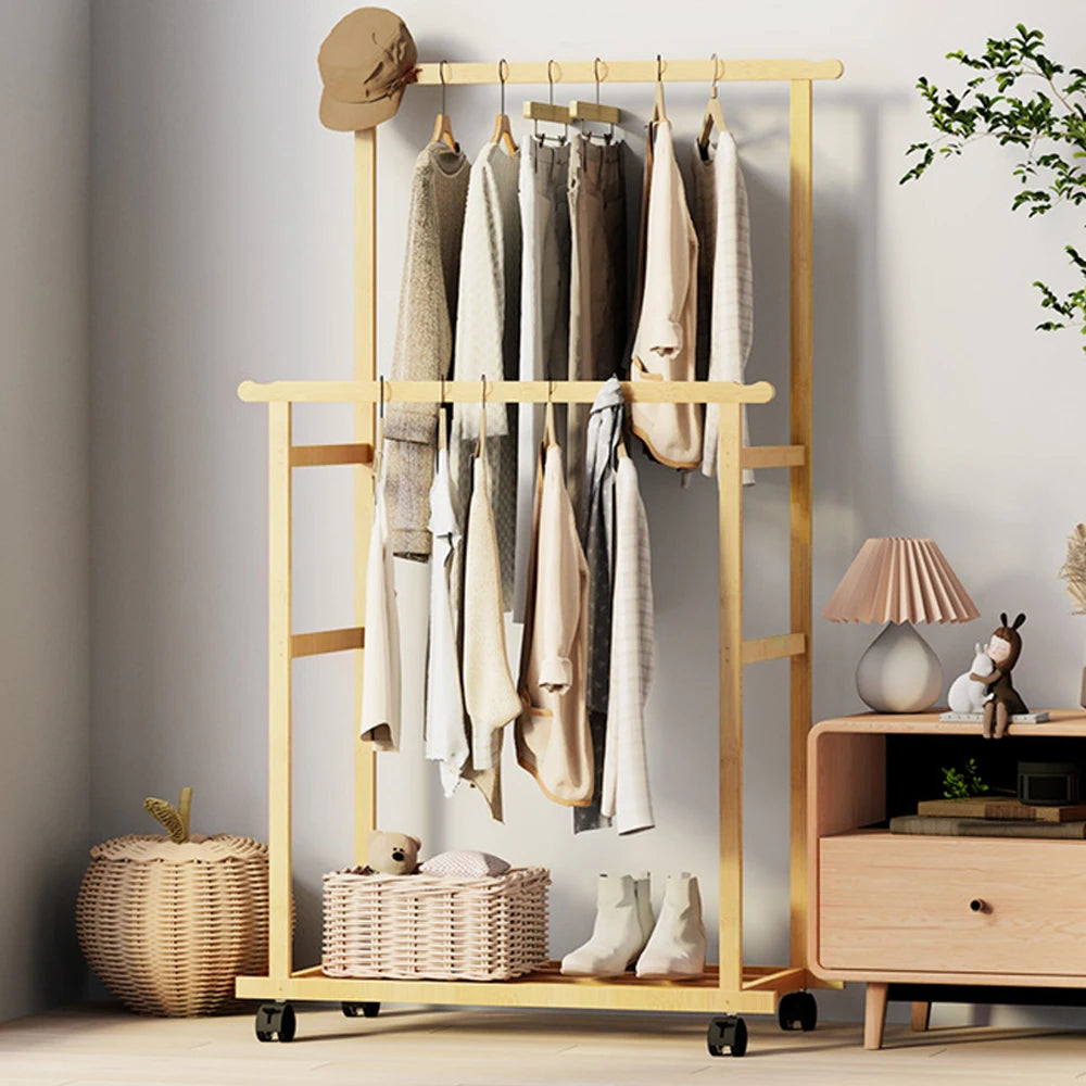 Heavy Duty Clothes Rail Double Layer Garment Hanging Display Stand Rack Wardrobe with Rolling Wheel