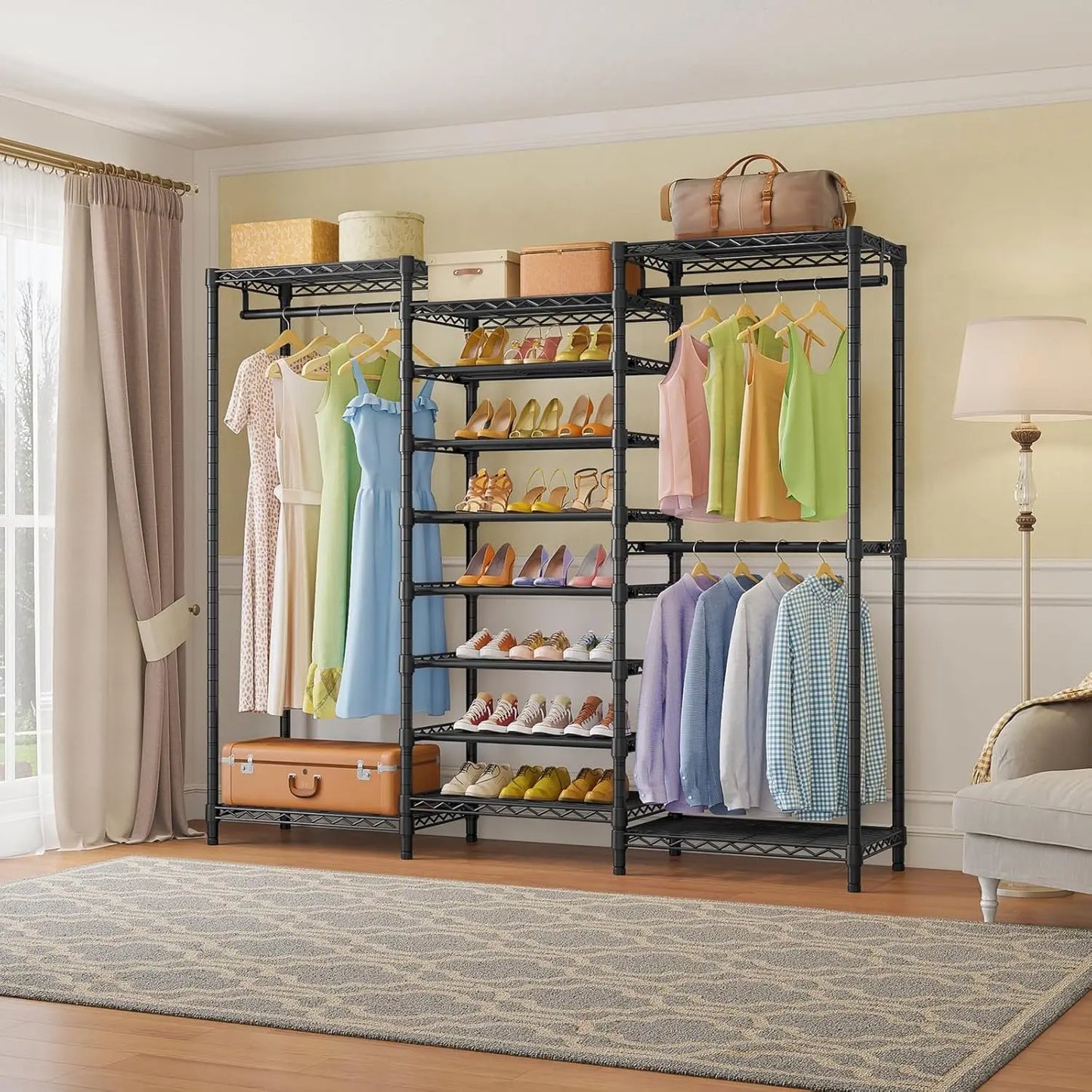 Heavy Duty Garment Rack Freestanding Clothes Rack Closet Storage Organizer Large Wardrobe with 6-Tier Shoe Rack, Hanging Rod, Ad